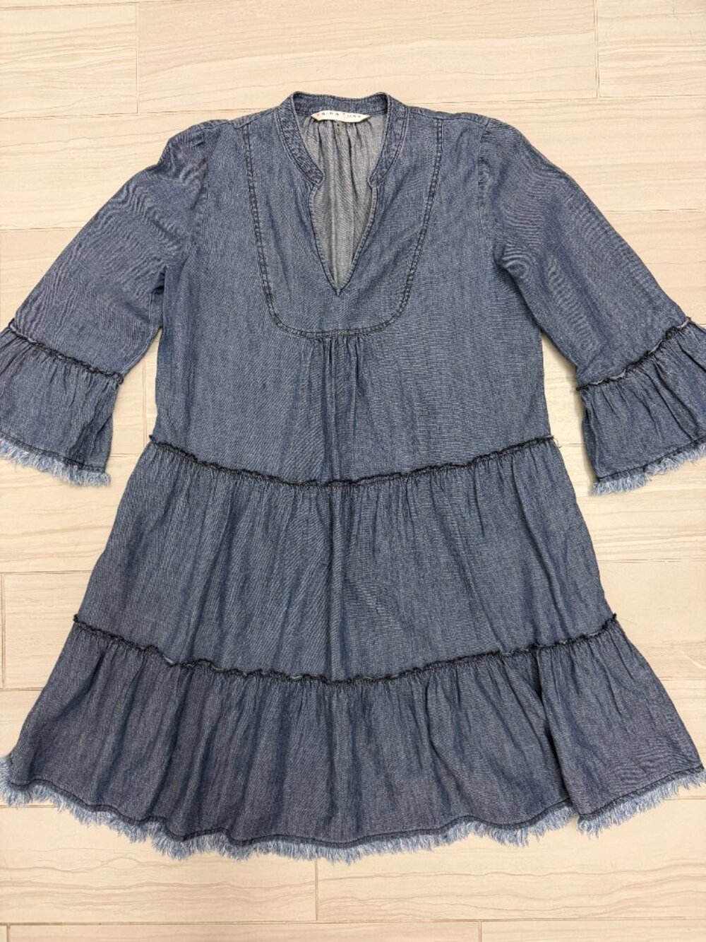Trina Turk Movie Colony Tiered Dress Chambray Blue Frayed Hem Shift Medium M
